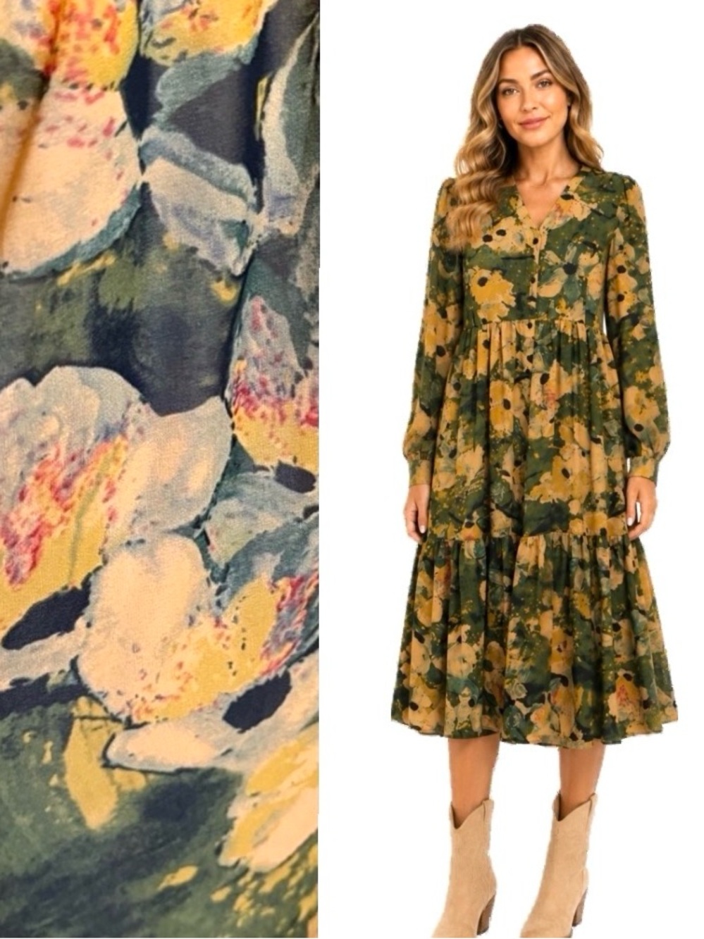 Boho Floral Tiered Maxi Dress Green & Mustard, Size L |EUC